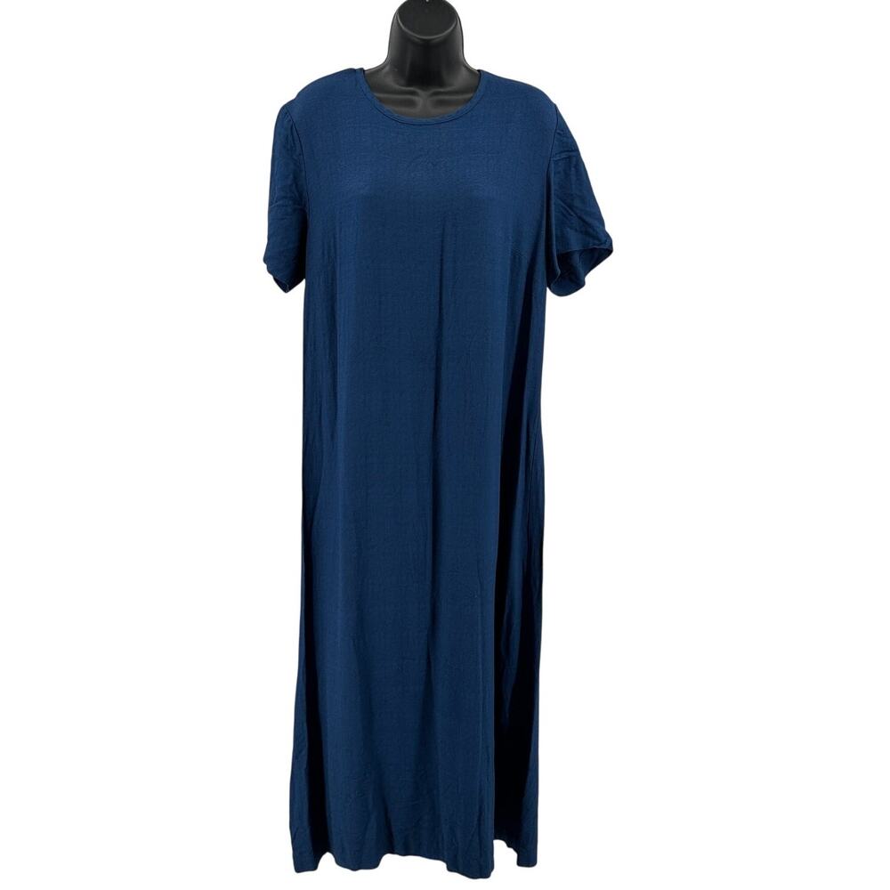 Elisabeth Williams T-Shirt Dress WMNS Blue Maxi Short Sleeve Back Slit Pullover